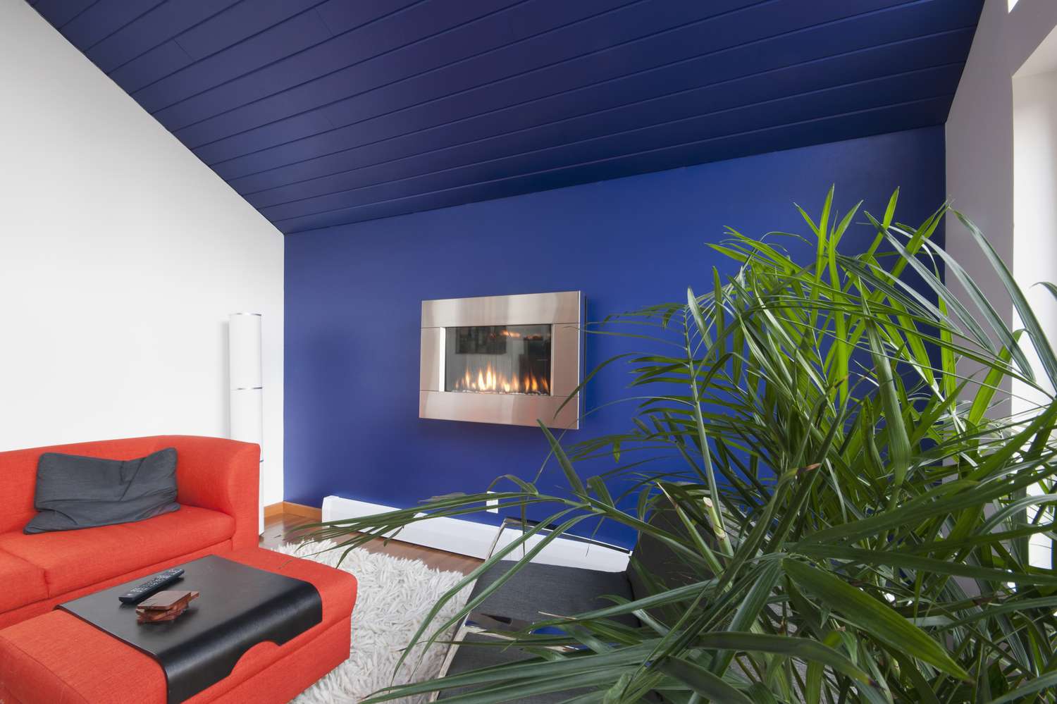 a room with a blue ceiling and blue wall