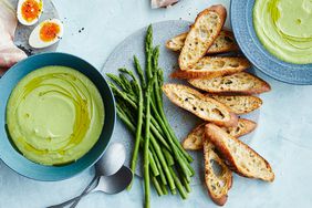 chilled avocado-cucumber soup with crostini ham and eggs