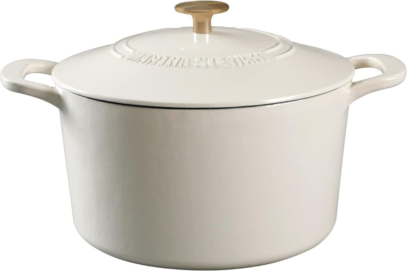 A lidded casserole dish with handles and a knob on top