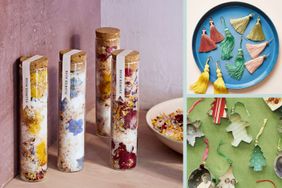 Various DIY gift ideas including bath salts in glass tubes tassel earrings and homemade ornaments