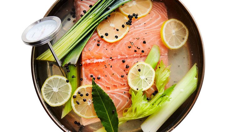 Cold-Poached Salmon in skillet with thermometer