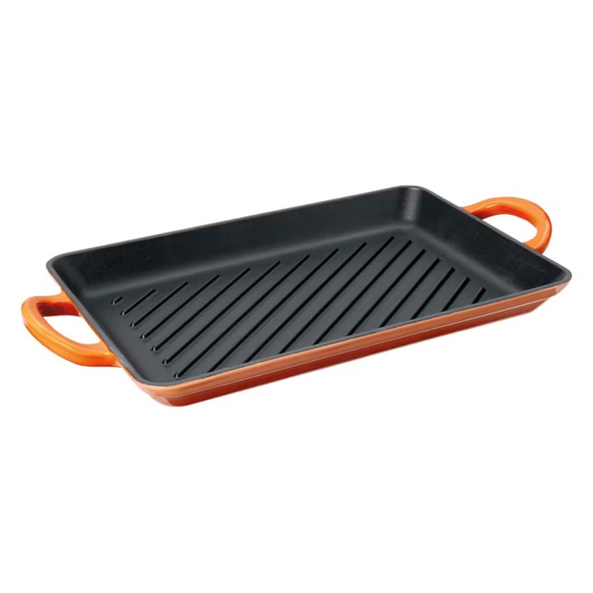 Rectangular cast iron grill pan with handles ribbed surface for grilling