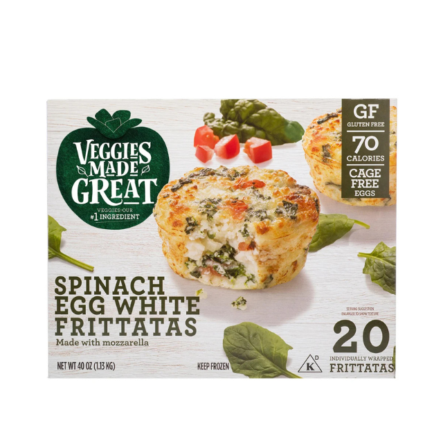 Packaging for Veggies Made Great Spinach Egg White Frittatas with mozzarella highlighting glutenfree and cagefree features