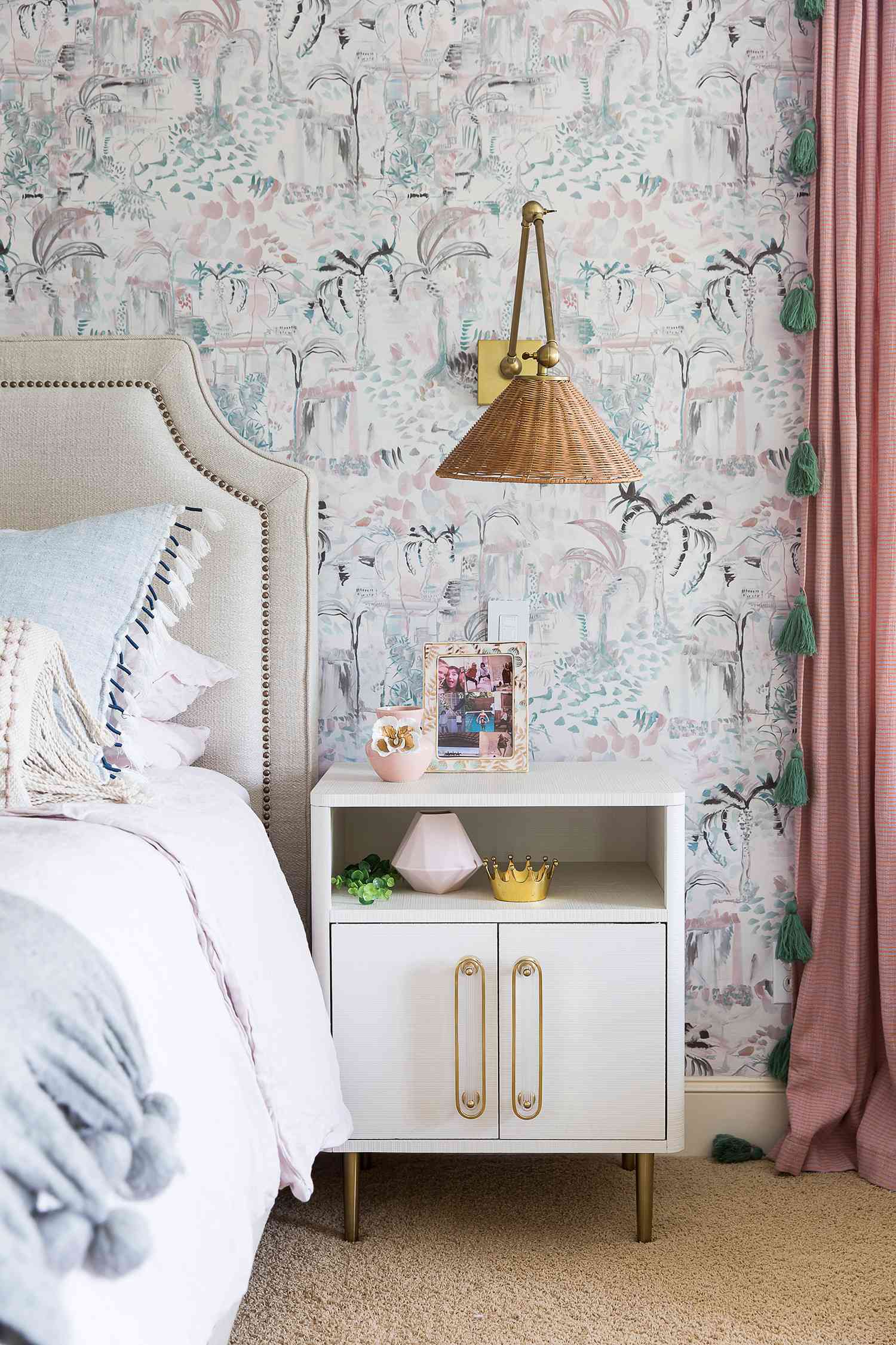 pink and gray wallpapered bedroom