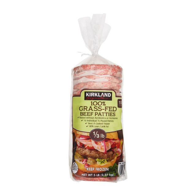 Package of Kirkland brand 100 grassfed beef patties