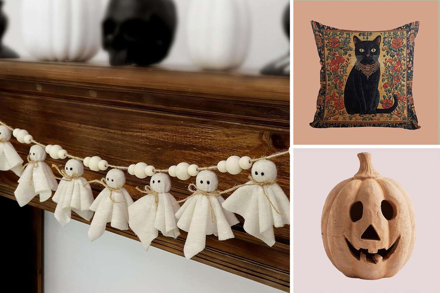 Halloweenthemed decorations including ghost garland a pumpkin and a pillow featuring a black cat
