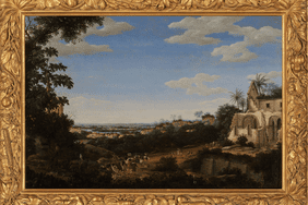 Landscape painting with buildings, trees, and a distant view, framed in ornate gold