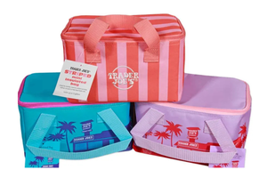 Three Trader Joes insulated bags pink striped blue with palm trees and pink with palm trees