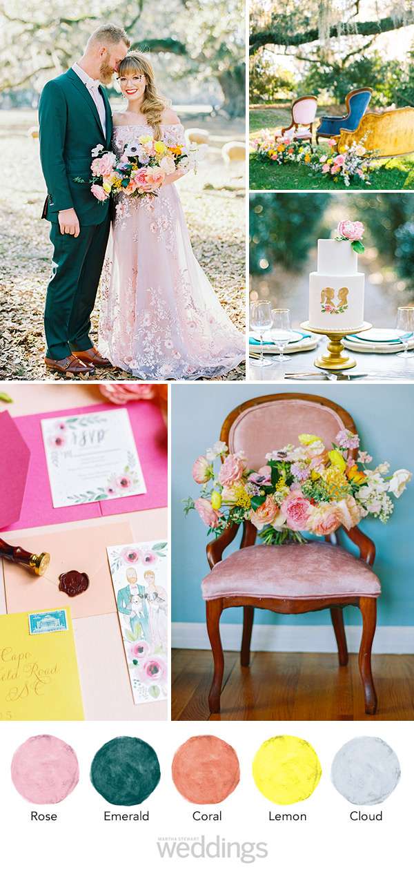 wedding color palette mood board rose, emerald, coral, lemon, cloud