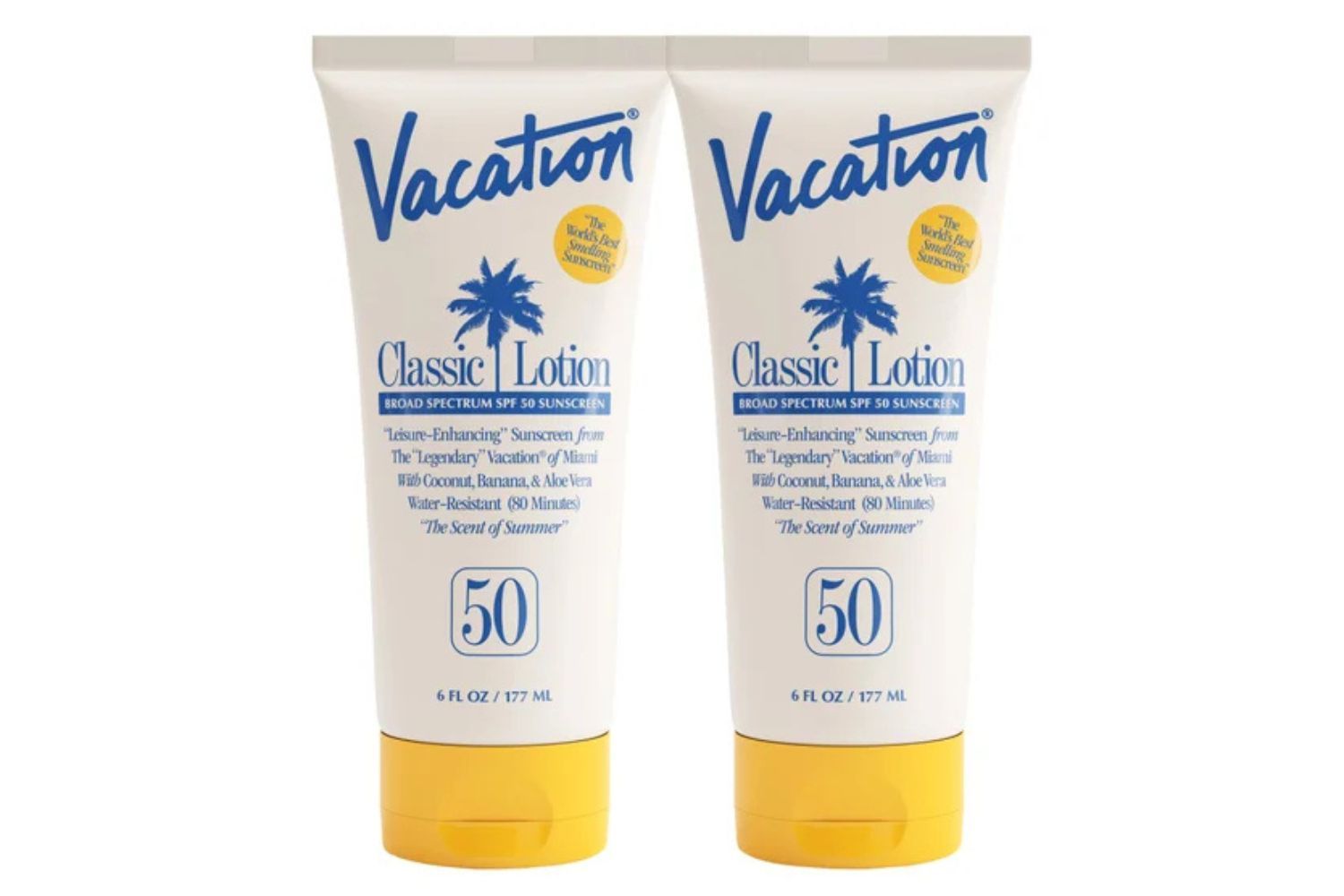 Two tubes of Vacation sunscreen classic lotion SPF 50 placed side by side
