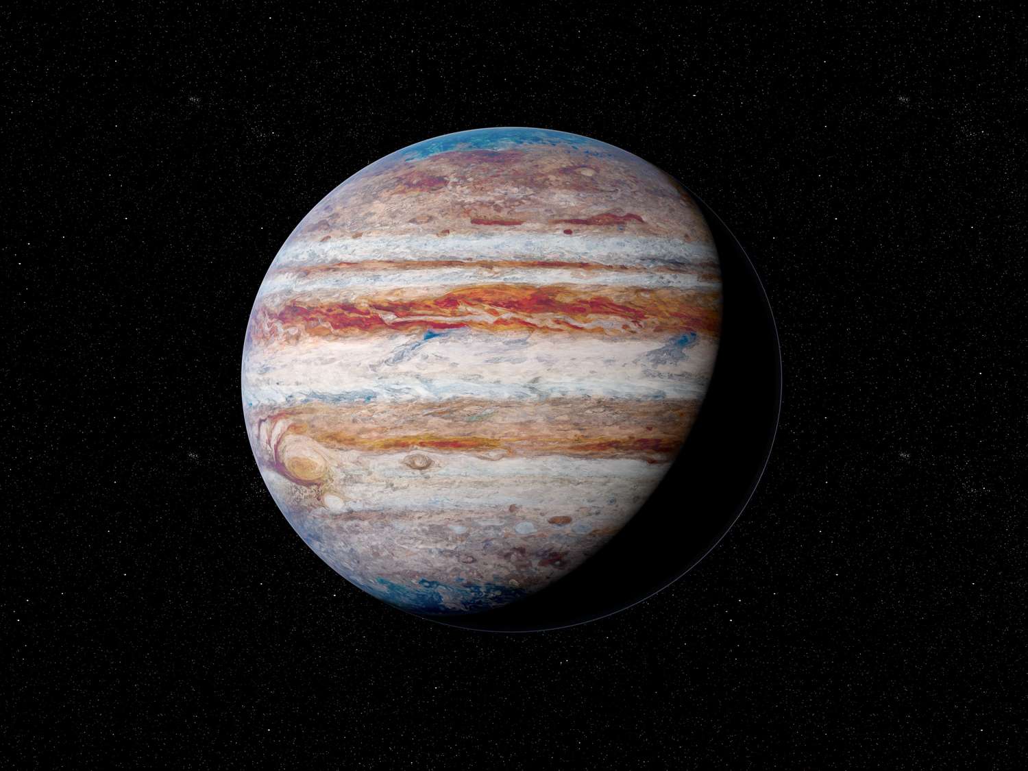An artistic rendering of the planet Jupiter with visible atmospheric bands against a black background