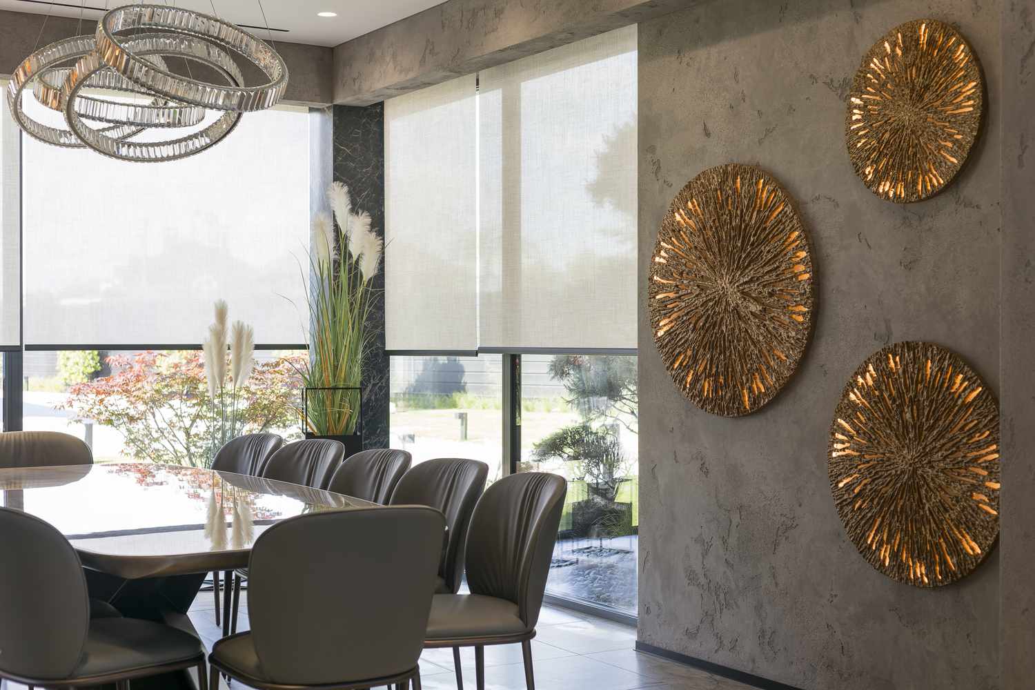 a gray room with automatic window shades