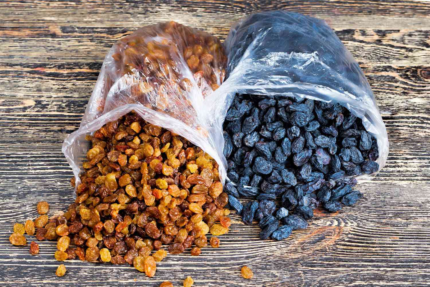 raisin variety in bags on wood table