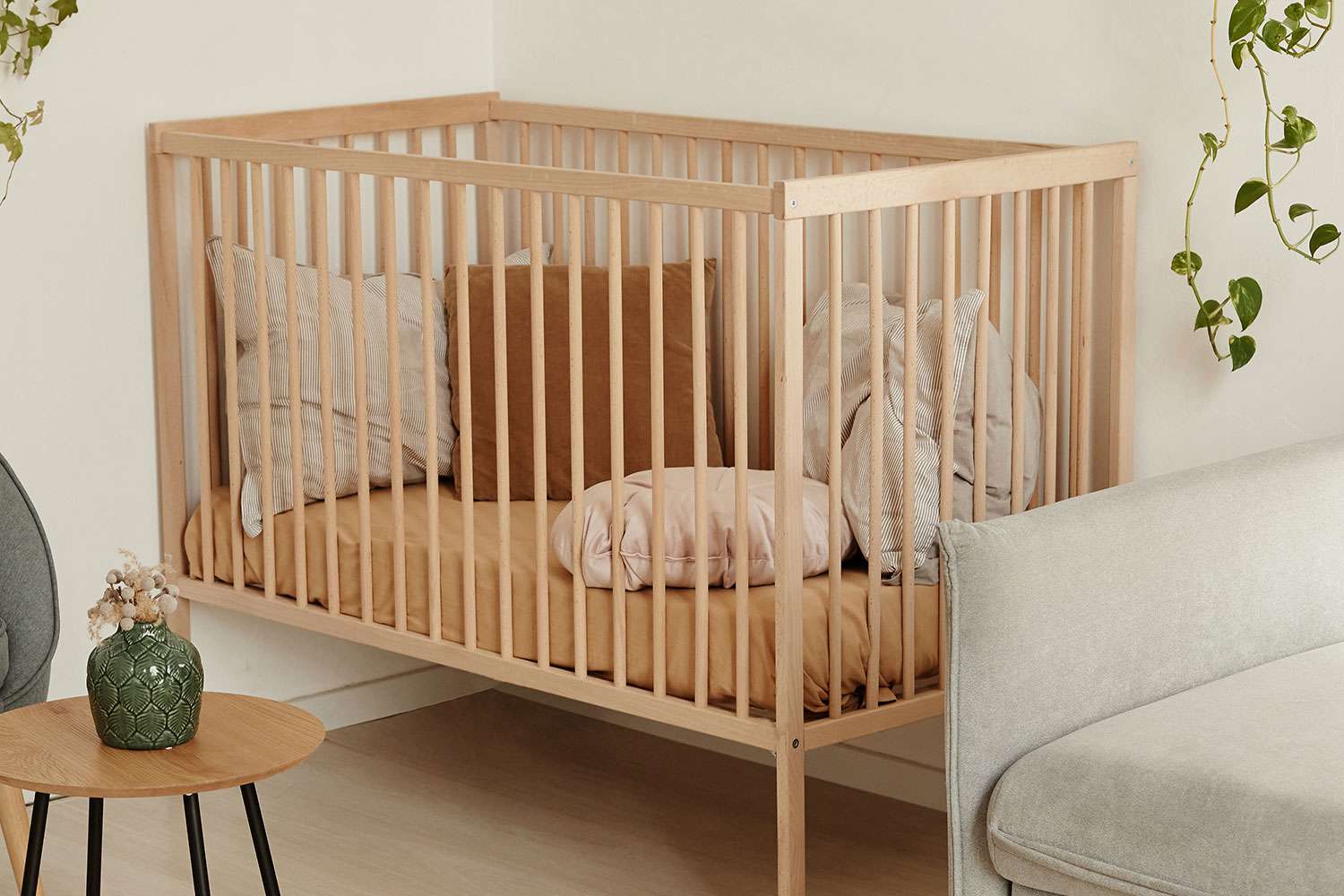 Baby crib in living room