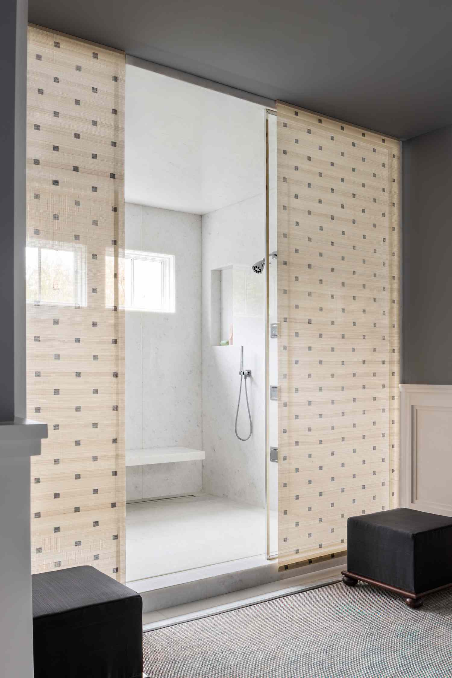 walk-in shower with curtains