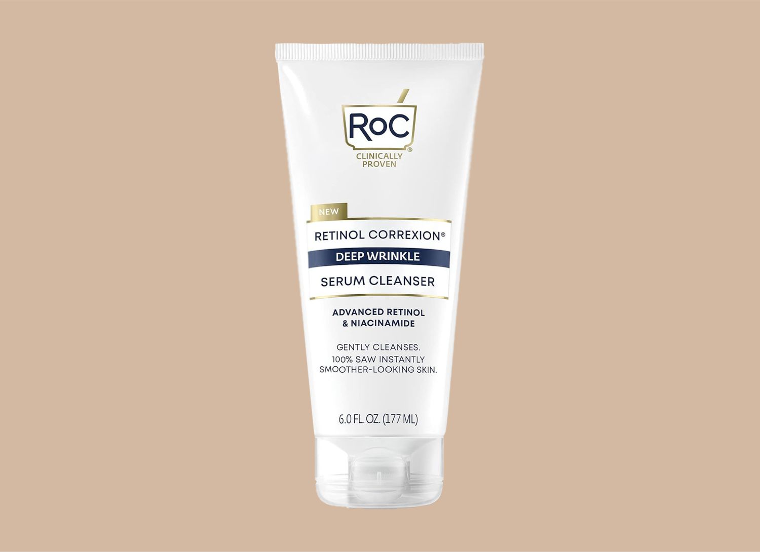 RoC brand cleanser on a tan background