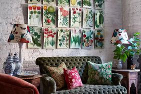 John Derian decoupage trays in living room