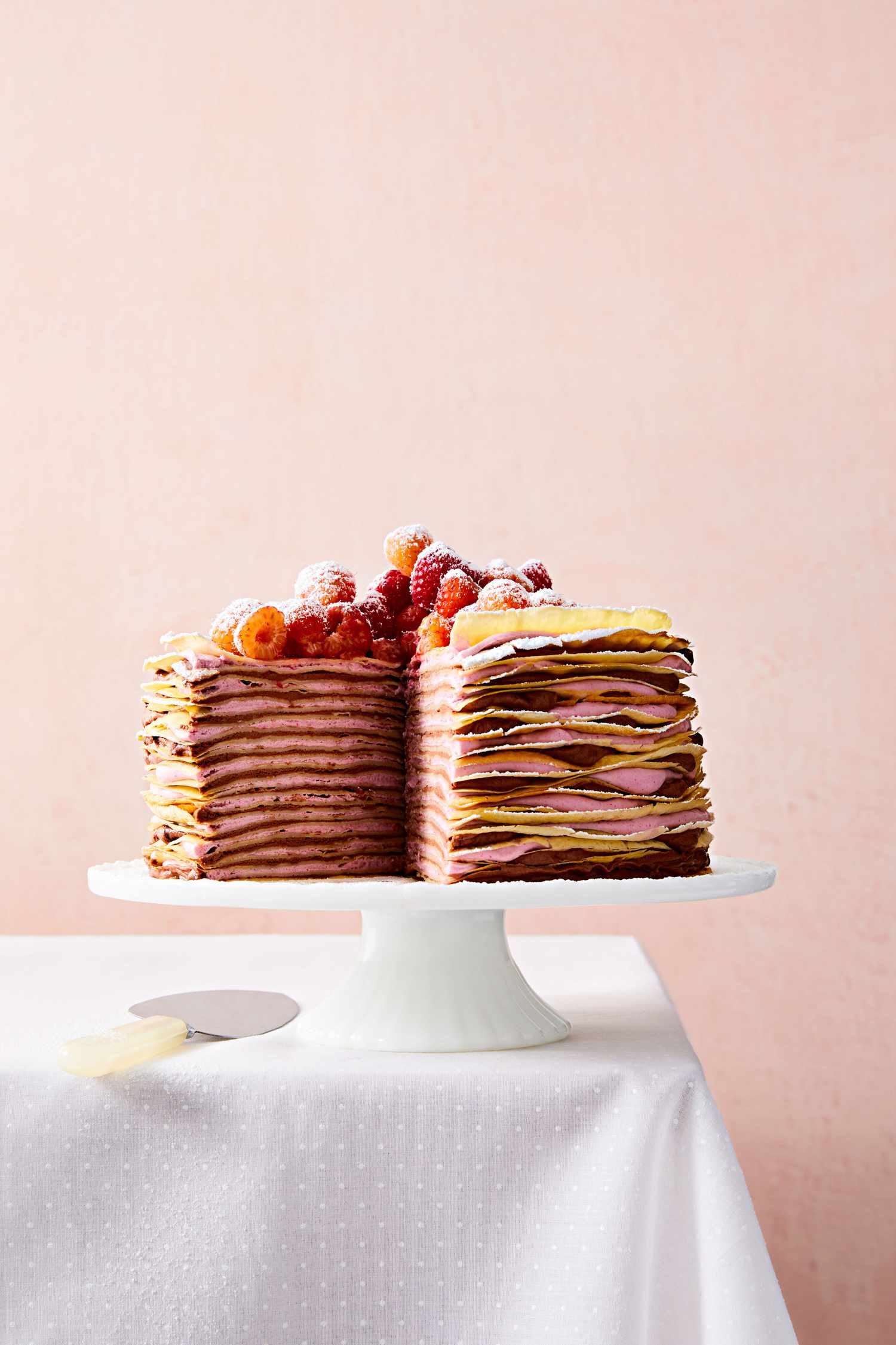 raspberry and chocolate hazelnut crepe cake