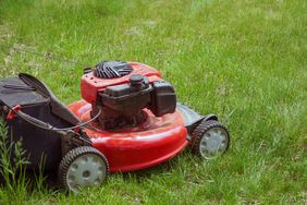 A lawn mower in a grassy yard