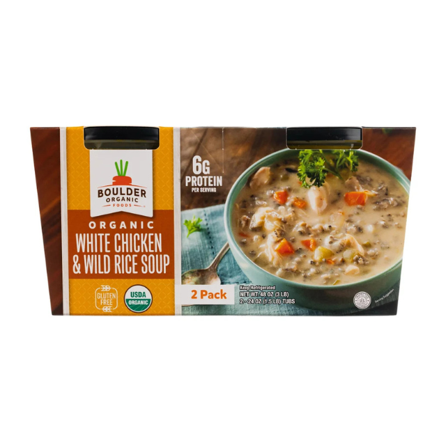 Packaging for Boulder Organic White Chicken Wild Rice Soup 2pack