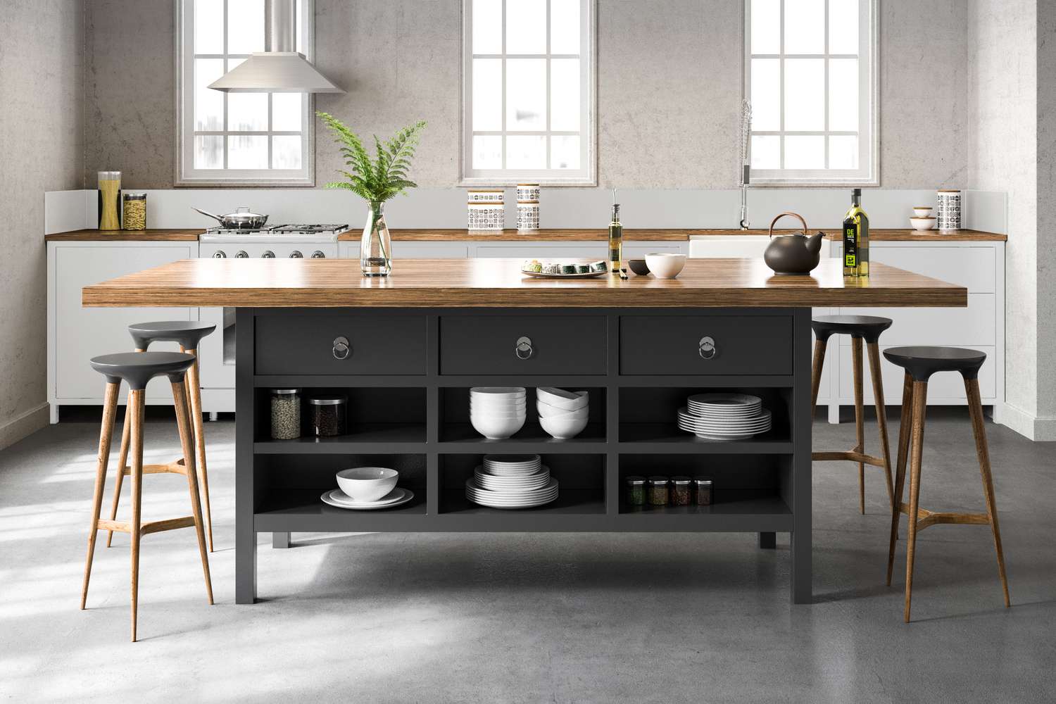 industrial modern kitchen with concrete floor and gray island