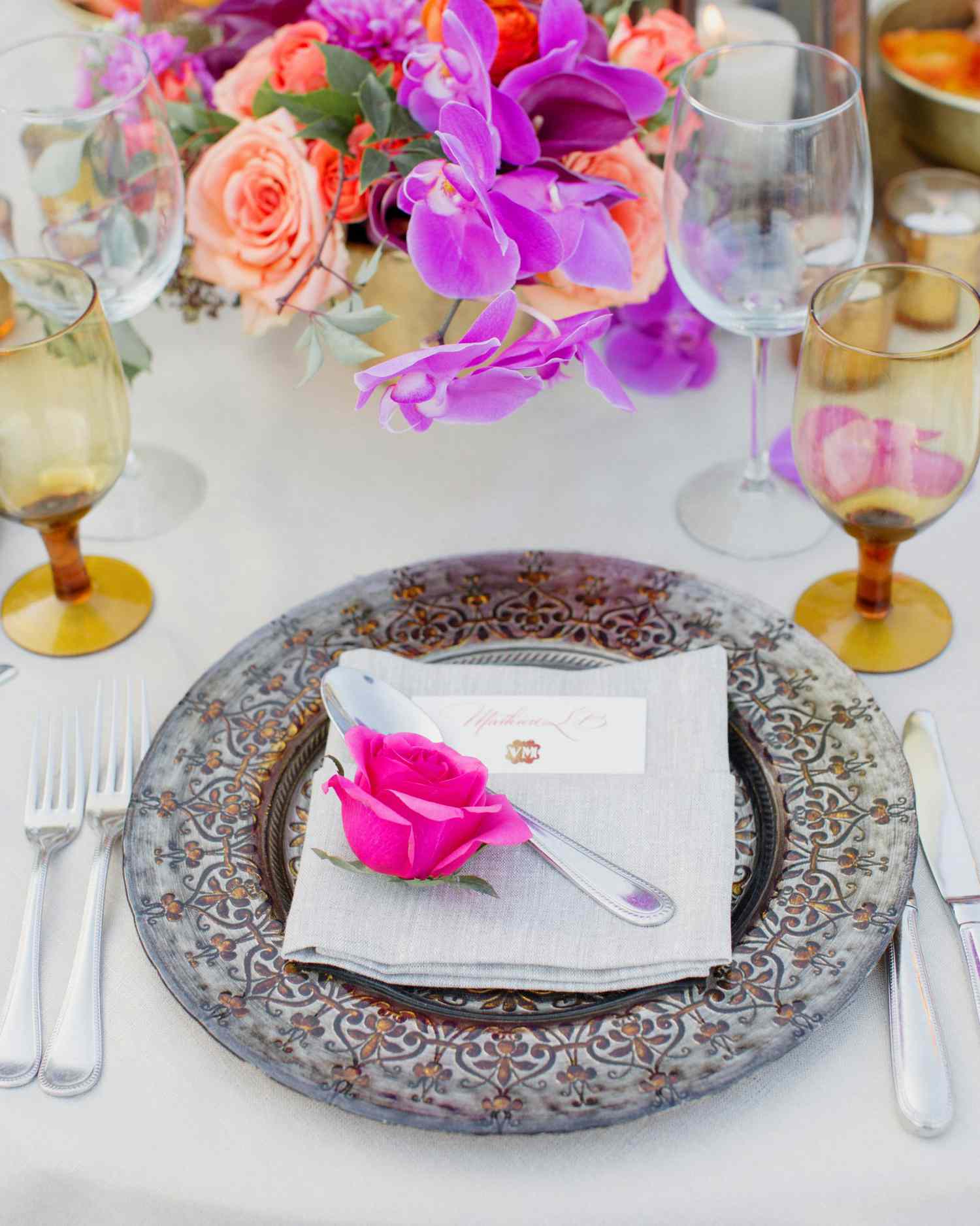 Blue, Orange, and Marble Table Setting