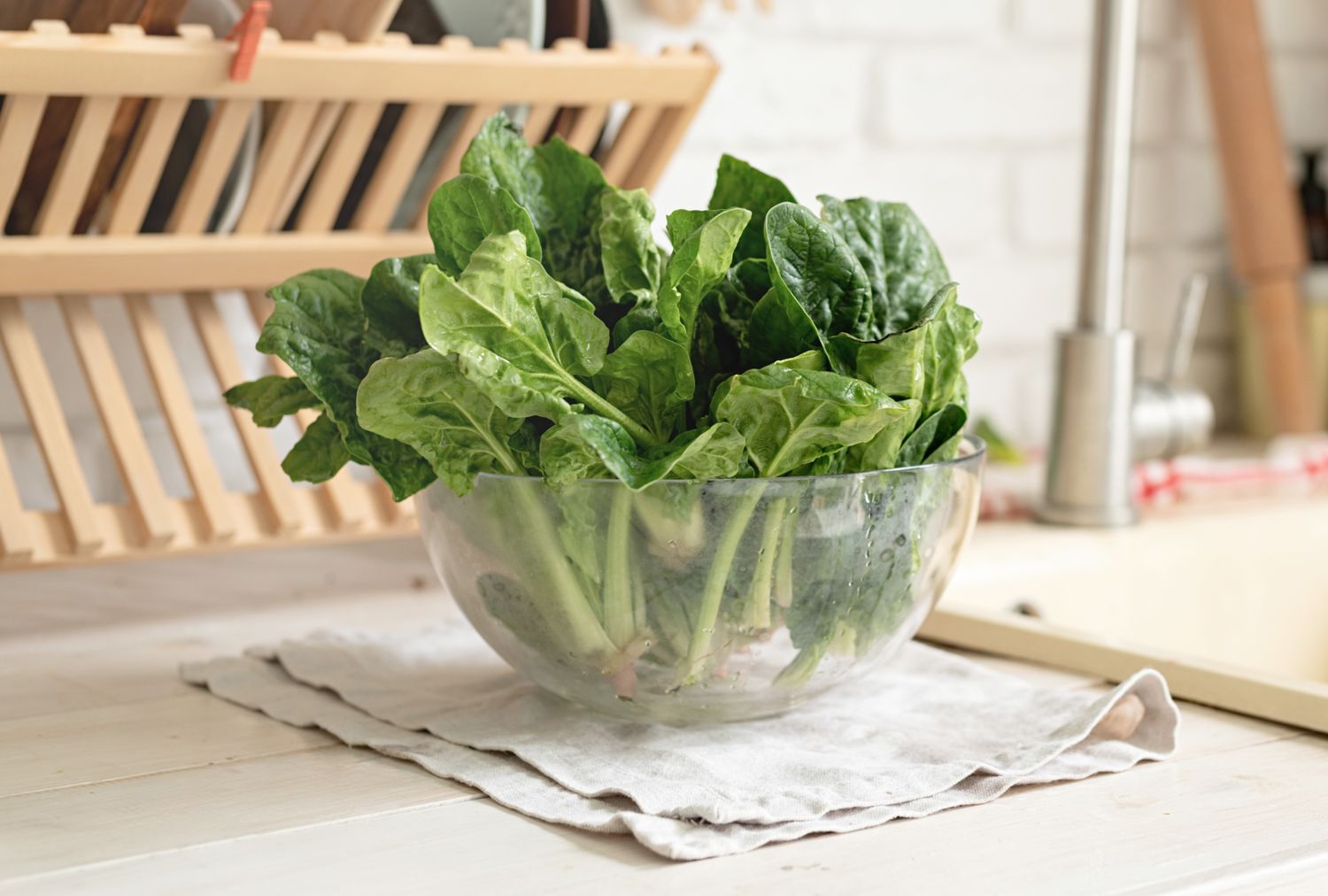 A bowl of washed kale placed on a kitchen counter
