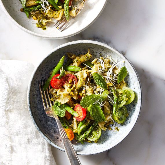 pasta pistachio mint pesto asparagus tomatoes