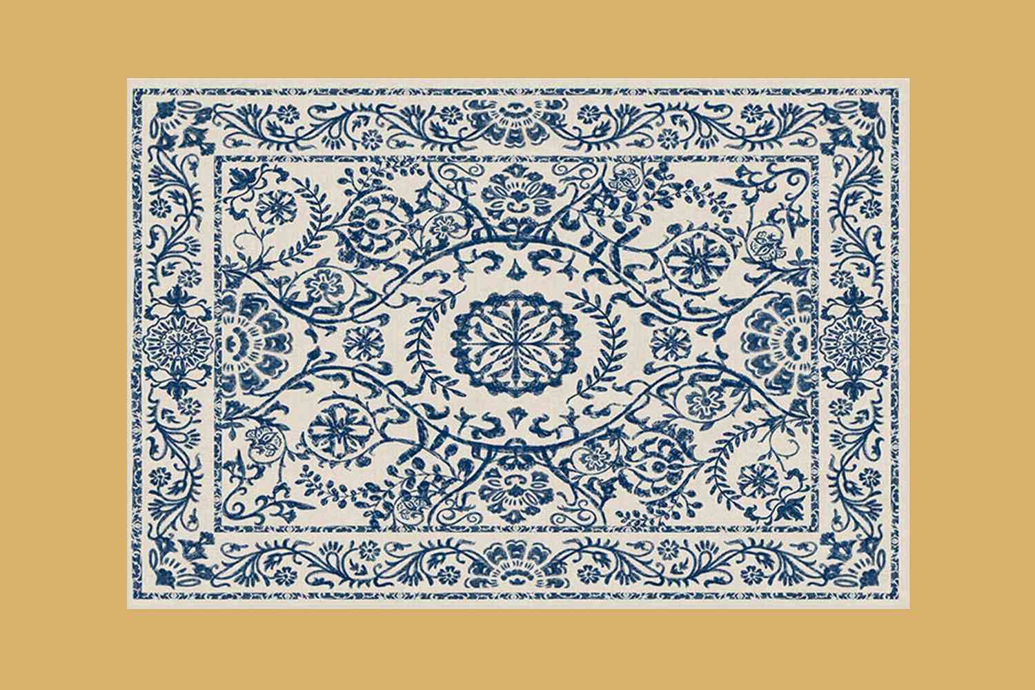blue and cream rug on a yellow background
