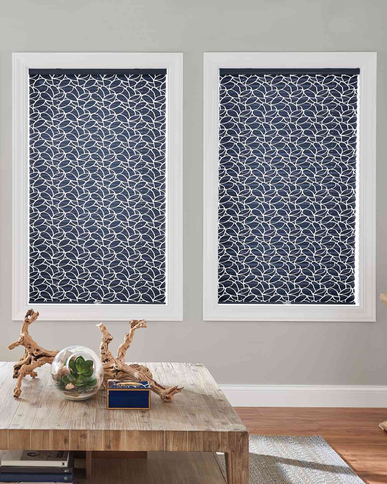 living room with navy pleated shades