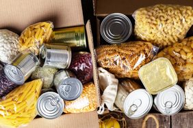 Boxed dry pasta canned goods and packaged food supplies