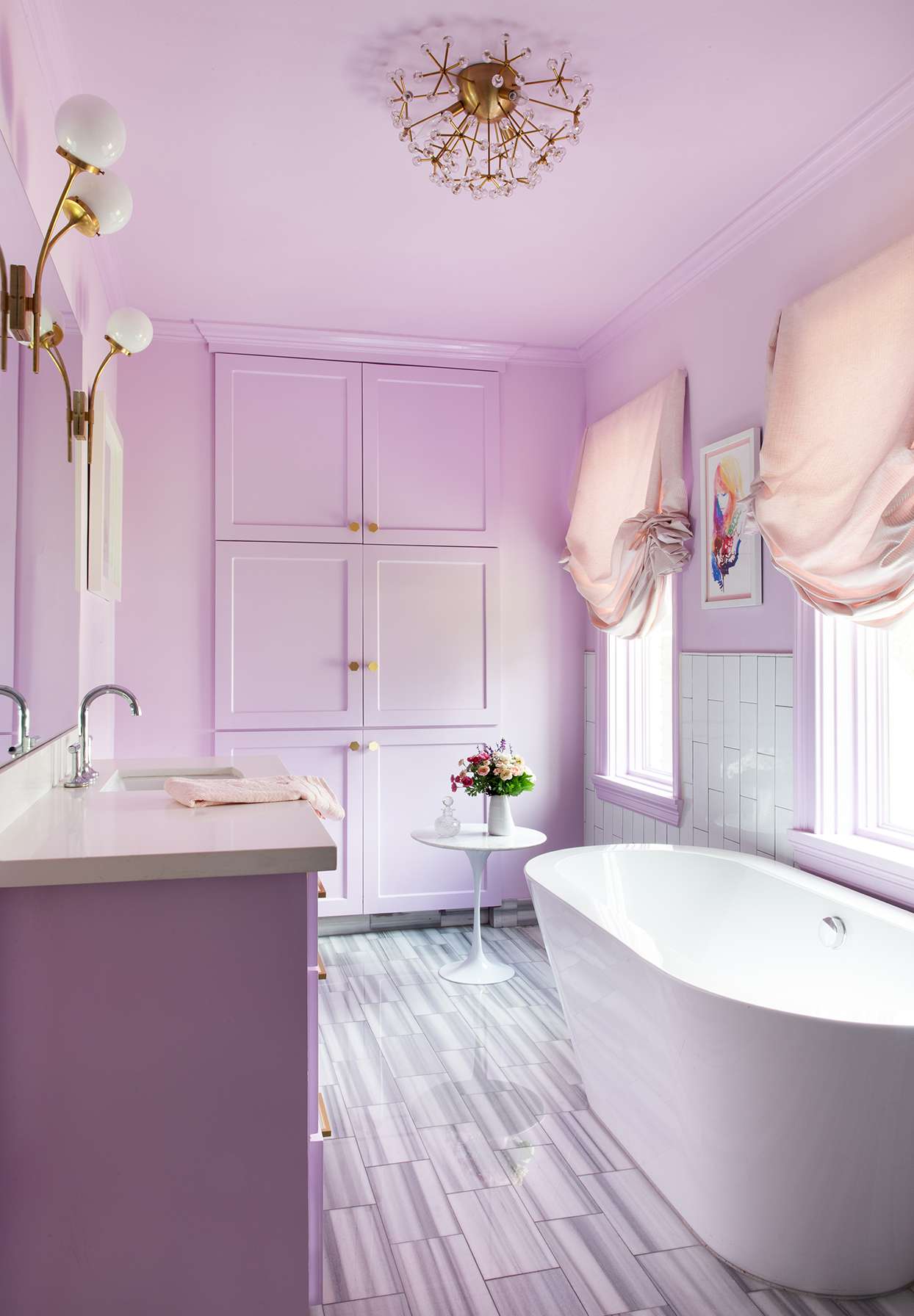 lavender and white bathroom with light pink accents