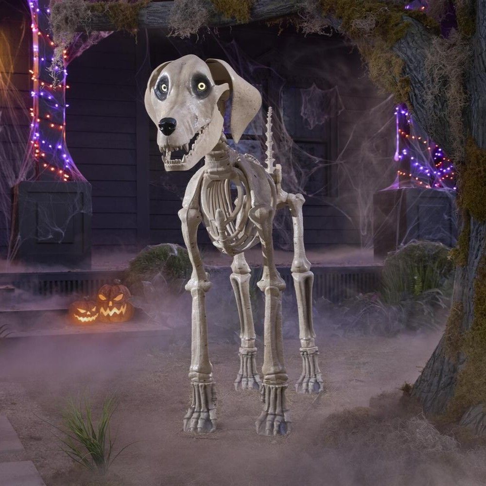 Decorative skeletal dog figure on display in a festive Halloween themed setting with decorations