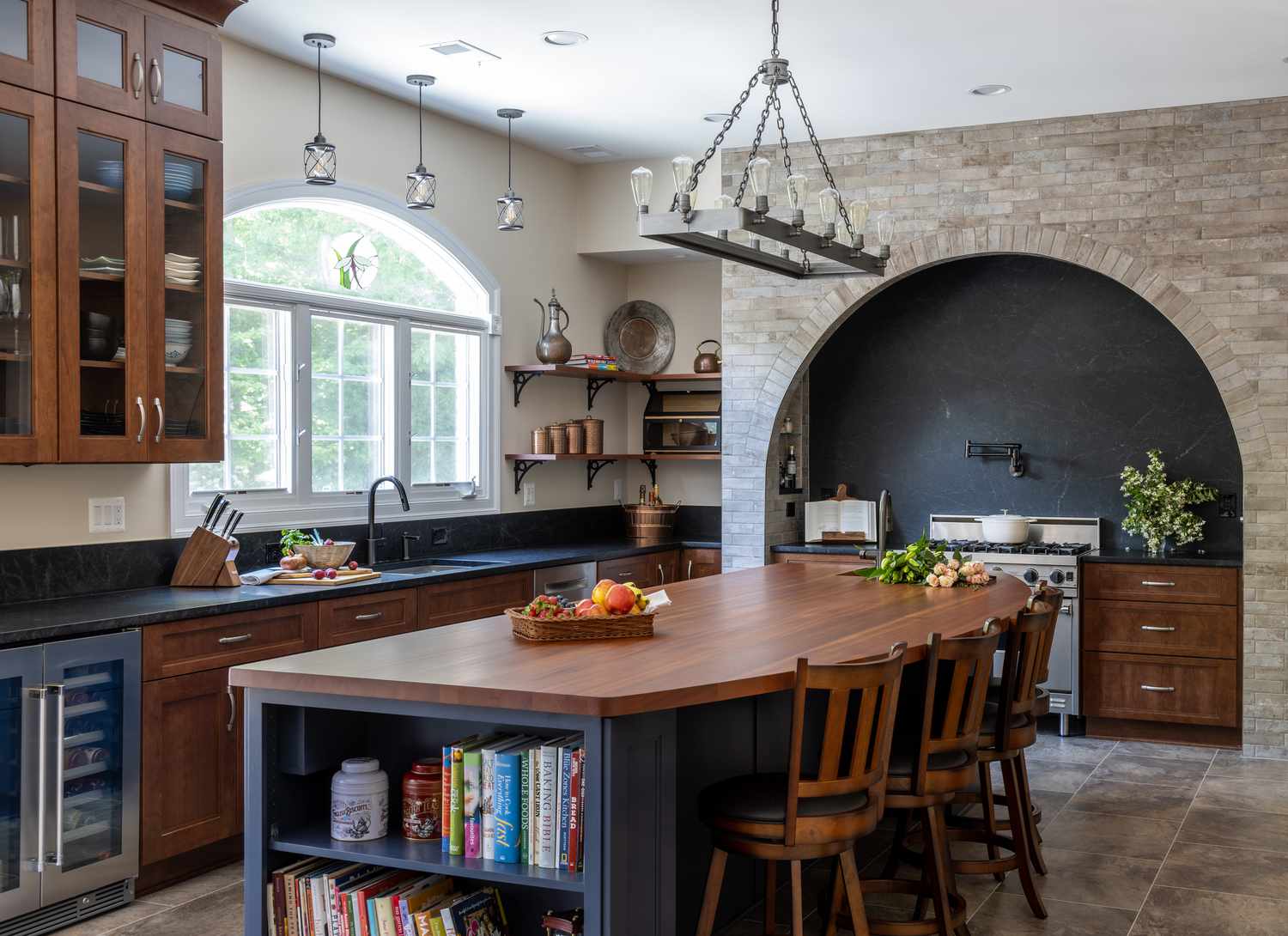 English style kitchen with arched brick wall