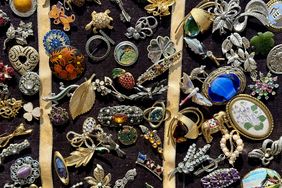 Collection of decorative pins and brooches on display