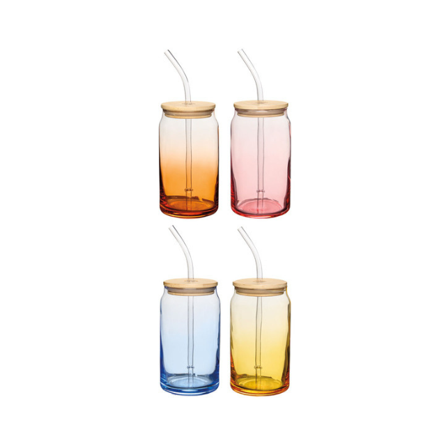 Four glass tumblers with bamboo lids and straws displayed in a grid