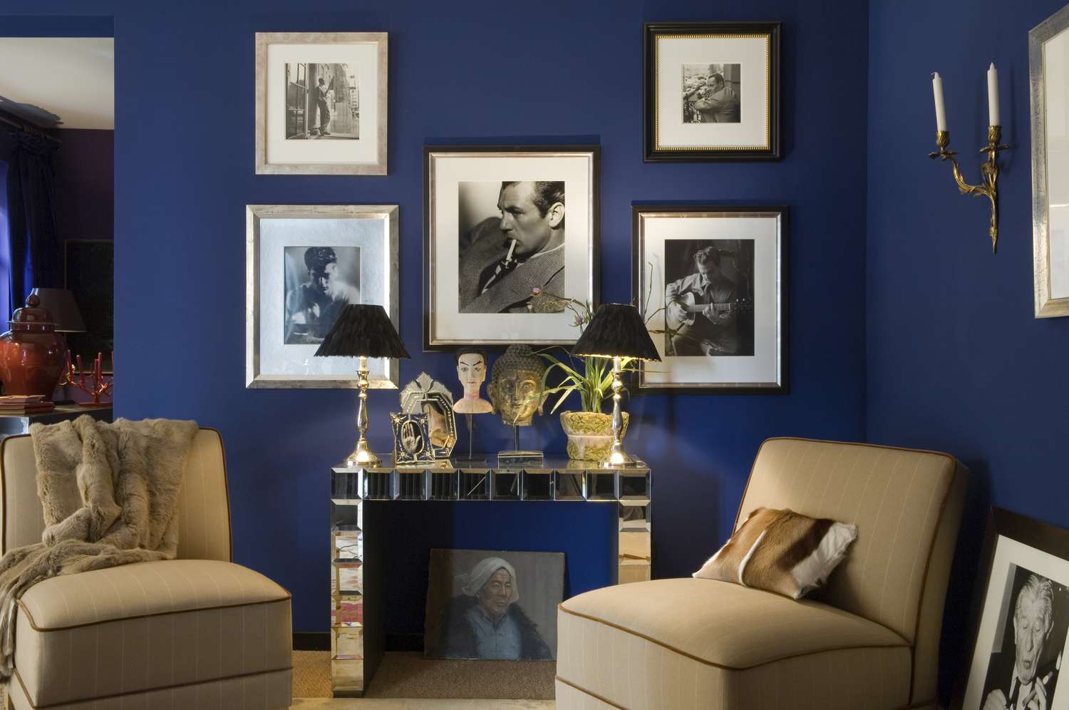 living room with dark blue walls