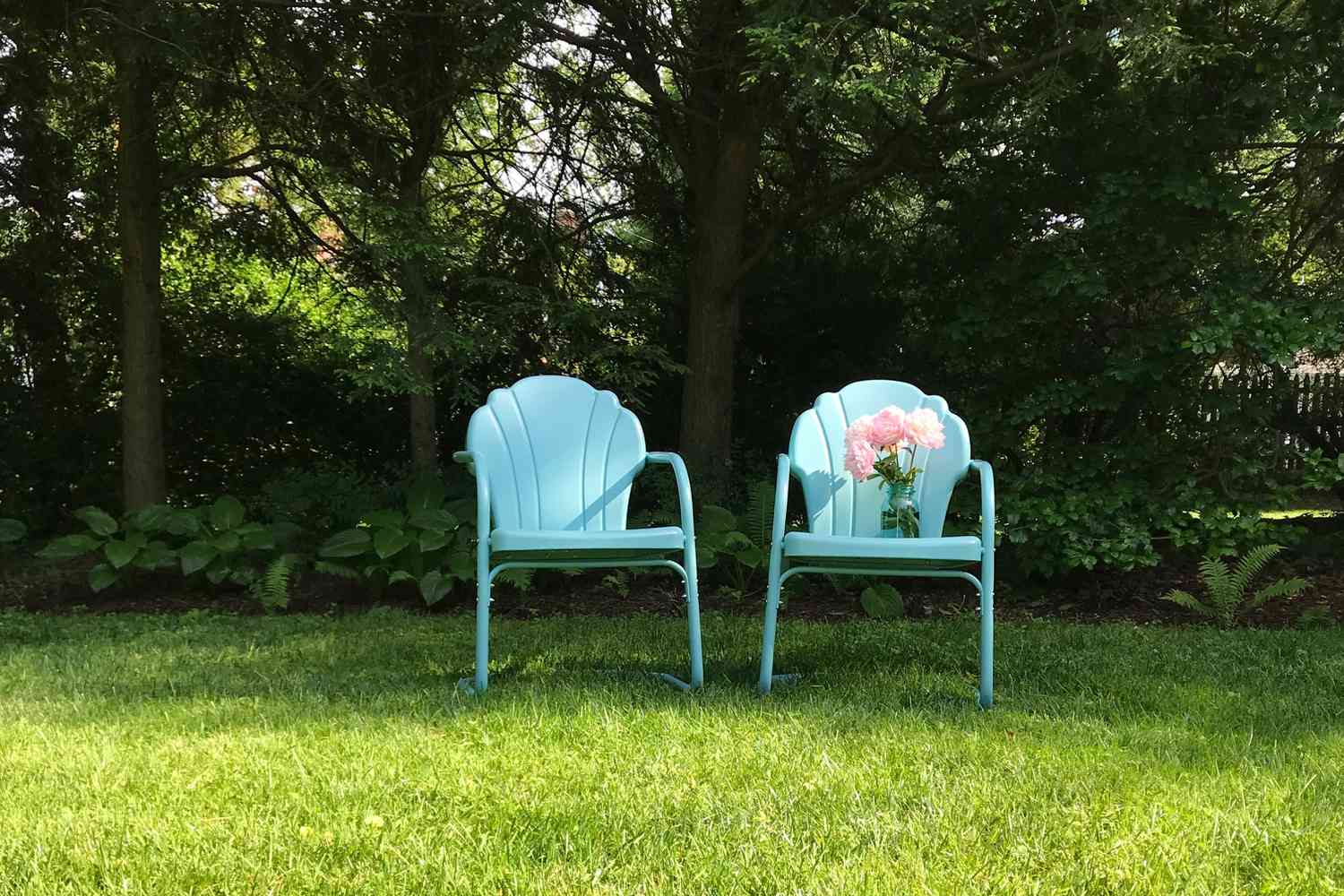 teal garden chairs in yard