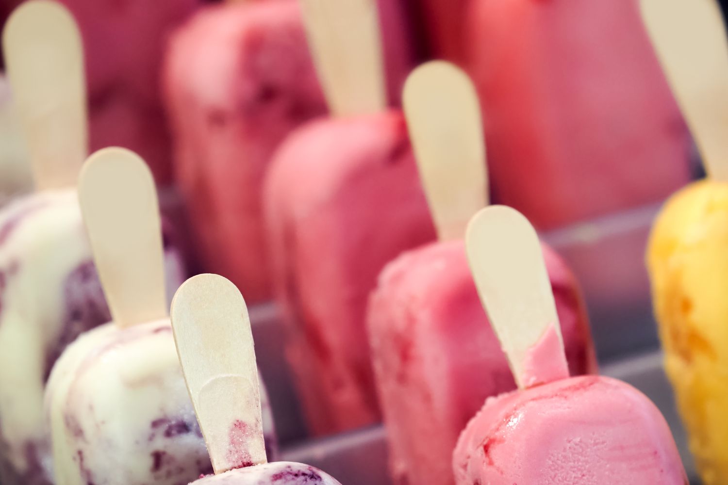 Rows of popsicles displayed in a container