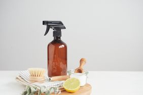 Natural cleaning product in reusable recycled glass bottle. Lemon and baking soda. Natural bristle brush and cotton cloths. Zero waste concept. Plastic free.