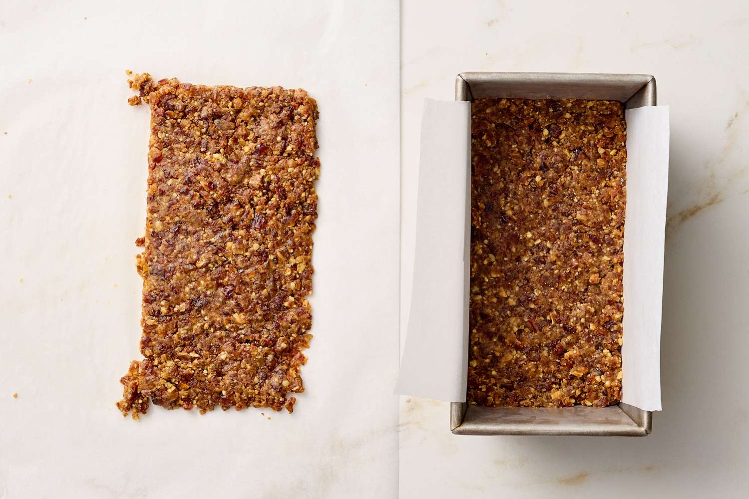 Homemade energy bar mixture spread out and in a baking dish