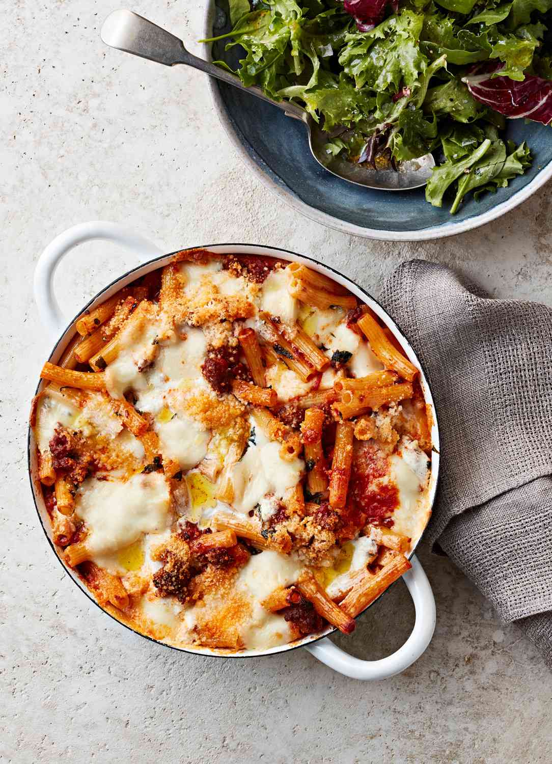 super-speedy ziti served with salad