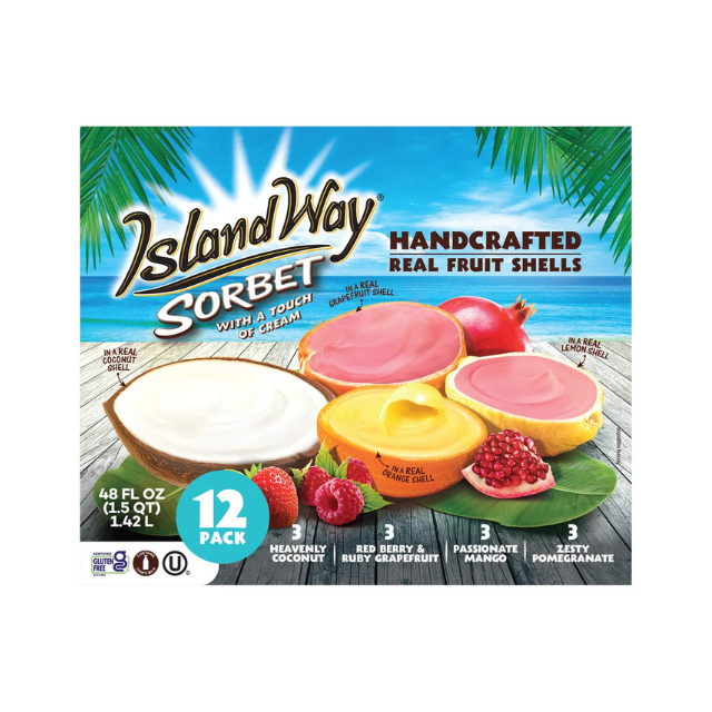 Island Way Sorbet package displaying assorted sorbets in natural fruit shells