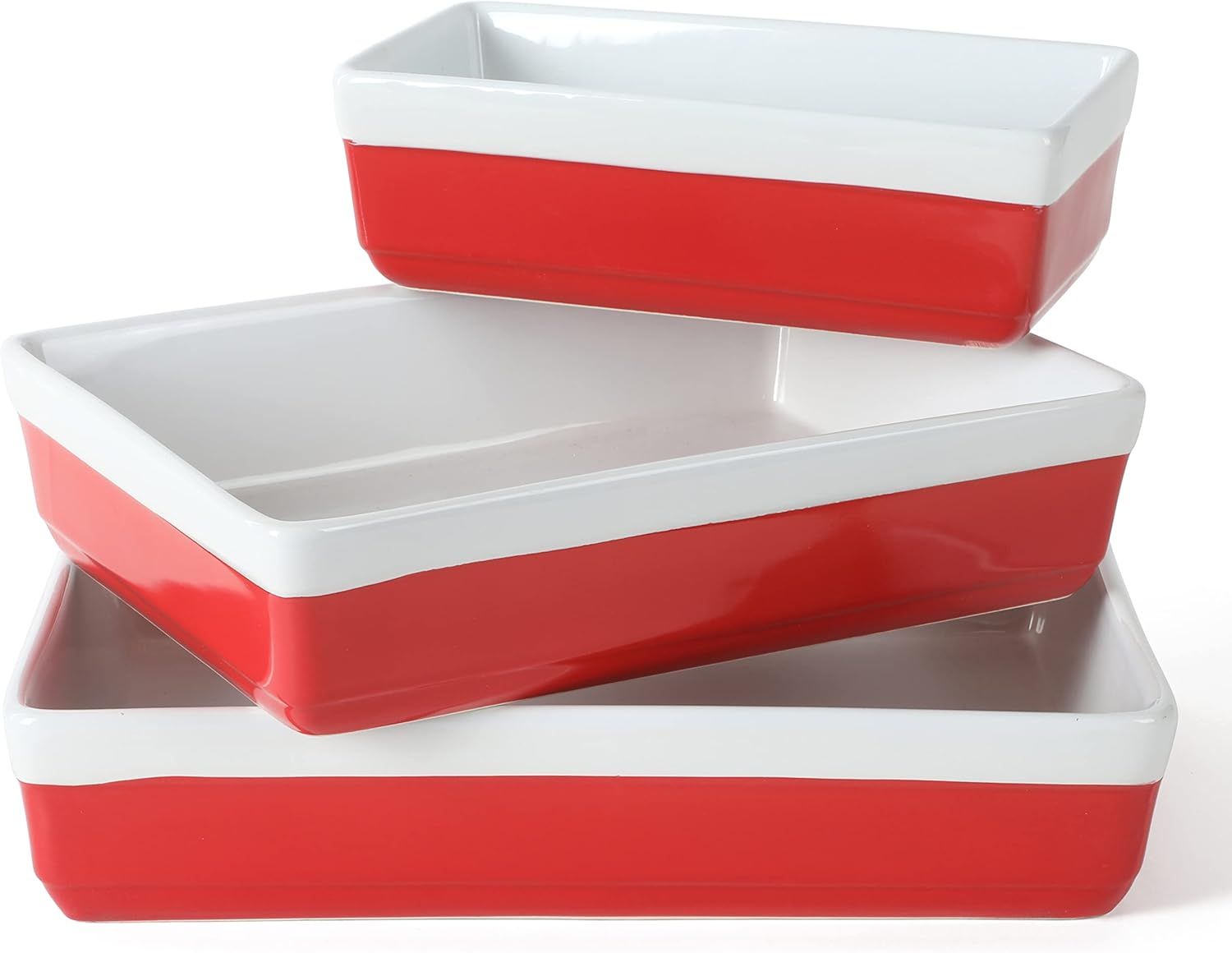 Three nesting rectangular baking dishes stacked white interior with red exterior design