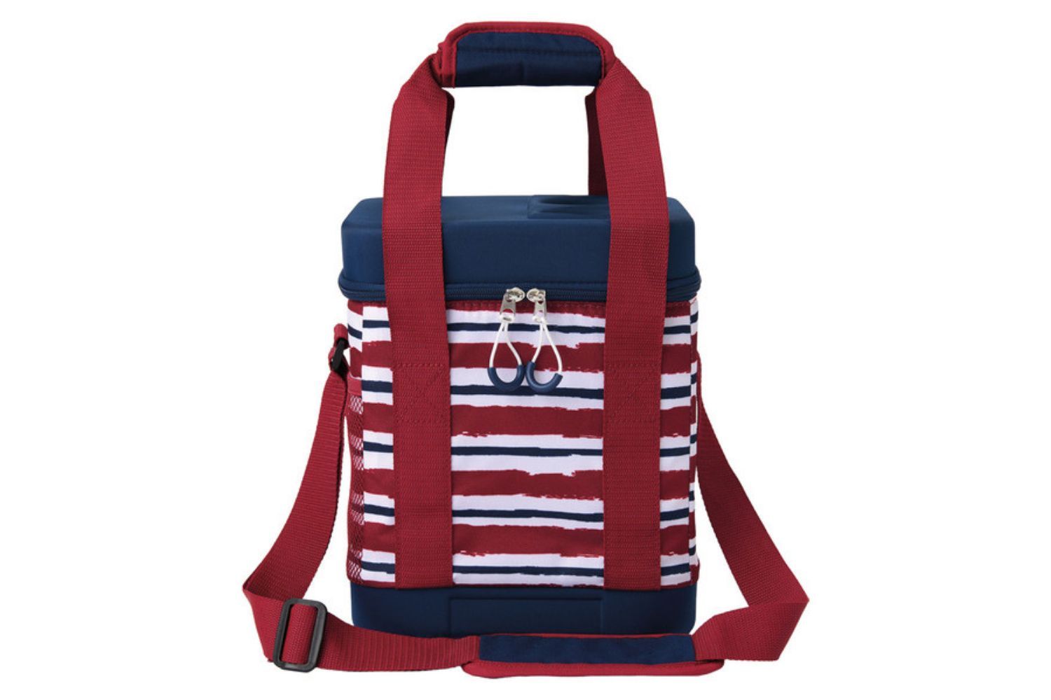 Insulated cooler bag with a striped pattern and carrying strap