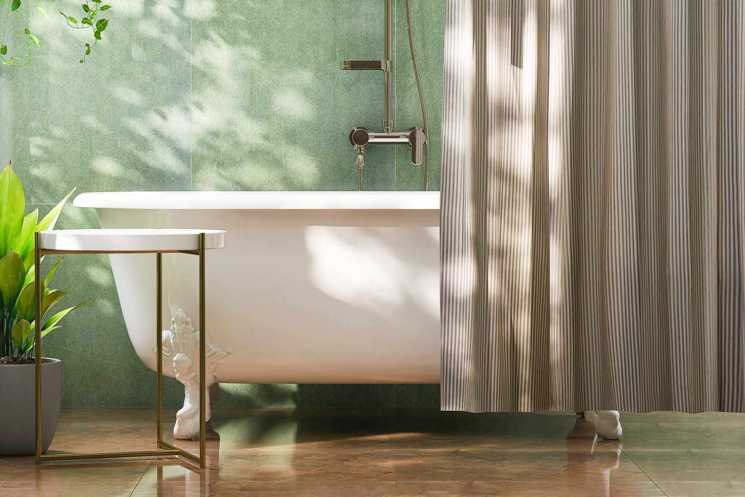 green bathroom with clawfoot tub and shower curtain