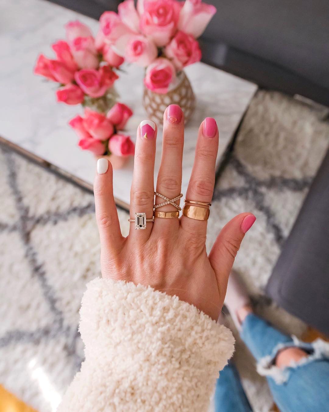 engagement ring selfie bouquet of pink roses