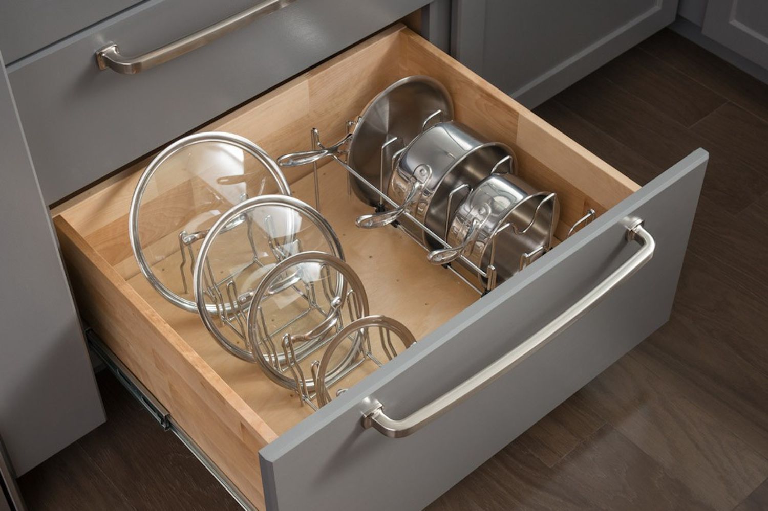 drawer with pots and lids
