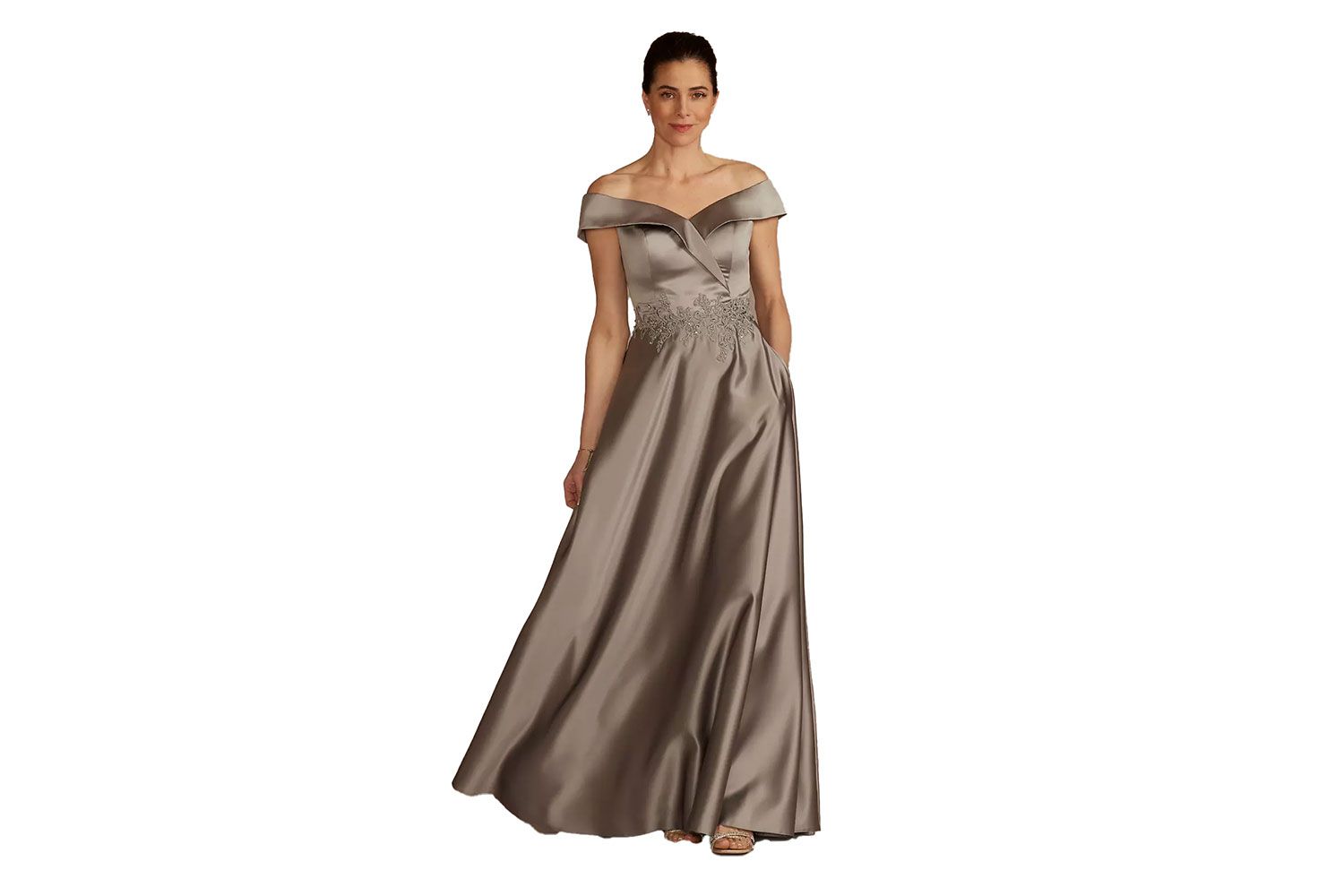 Oleg Cassini Embroidered Off-the-Shoulder Satin A-Line Dress