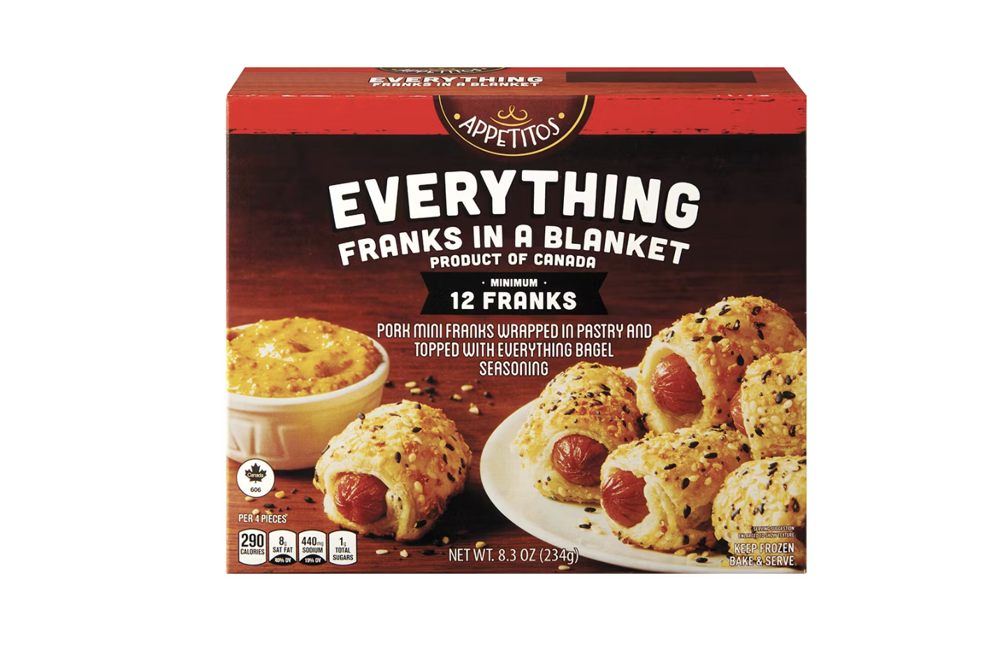 A box of Everything Franks in a Blanket product showing pastrywrapped sausages with seasoning and a dip on the side